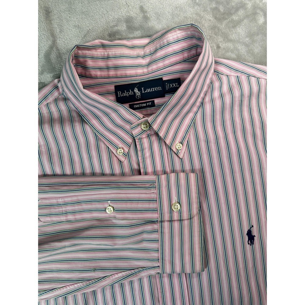Ralph Lauren Shirt Mens 2XL Pink Striped Button Down Custom Fit Long Sleeve